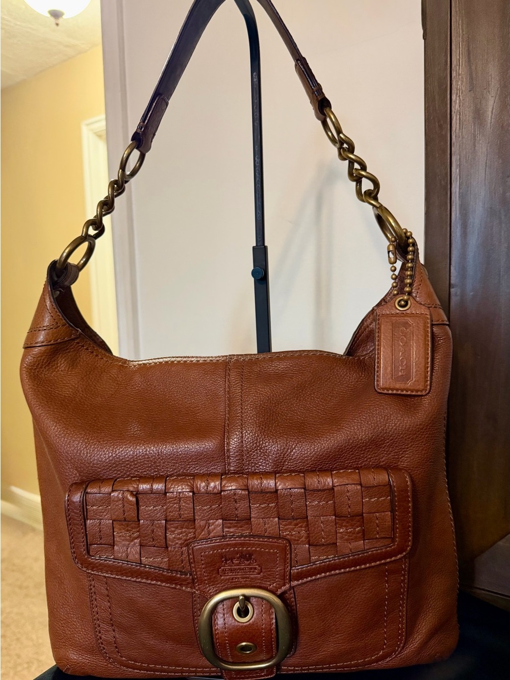 Coach Tan Leather Shoulder Bag with Woven Front Pocket